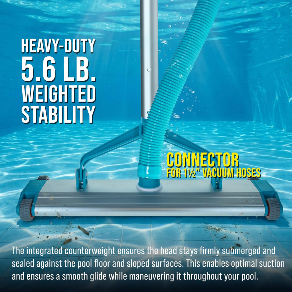 U.S. Pool Supply Heavy-Duty 17.5" Weighted Pool Vacuum Head with Aluminum Body - 5.6 lb Manual Inground Vacuum Head, Scrub Bristles, 1-1/2" Swivel Hose Connection - Concrete Pools, Clean Floor, Walls
