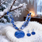 Xalroco Blue Layered Beads Statement Necklace for Women Big Colorful Glass Stone Circle Shell Pendant Necklace and Earring Set for Women