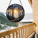 DASTOLL Stained Glass Window Hanging, Forest Sunrise Smoke Blue Brown Tree Suncatcher for Doors Window Home Landscape Sun Catchers Decor Mother's Day Birthday Gifts for Women, Men Mom 6.3 in