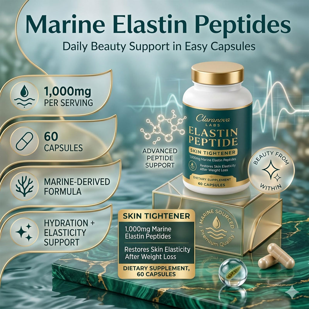 Claranova Labs Elastin Peptides, Marine Protein Complex, 1,000mg Per Serving, Skin Elasticity Support, 60 Capsules