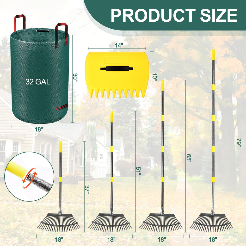 Adjustable Garden Leaf Rake Set, 18" Wide, 25 Tines, 37-79" Handle Metal Leaf Rake with 2 Pack 32 Gallons Leaf Bags and Scoops. Heavy Duty Graden Rakes Set for Lawn, Grass, Shrubs, Flower Beds