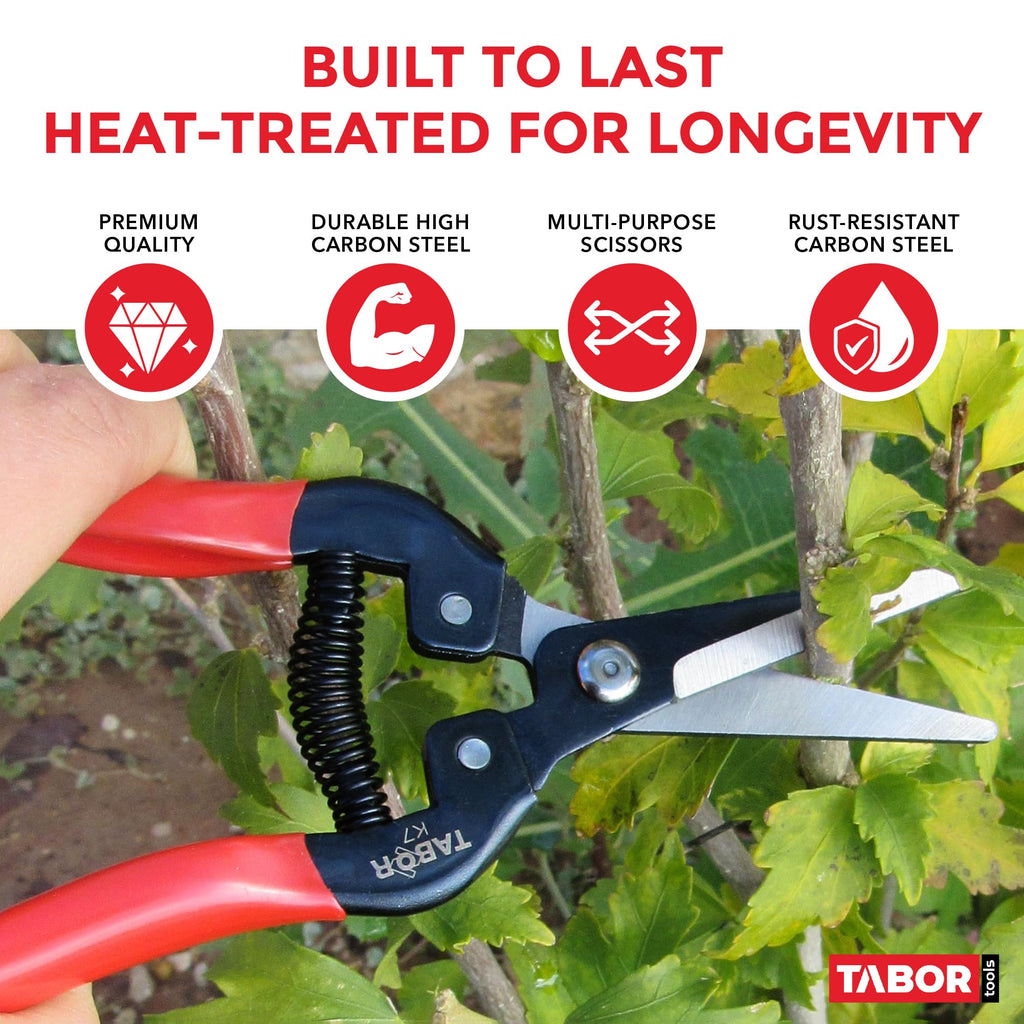 TABOR TOOLS K7A Pruning Snips – 7,5" – Carbon Steel Flower Pruning Scissors for Gardening | Floral Snips and Pruners for Deadheading, Trimming & Harvesting Herbs, Flowers, Fruits or Vegetables