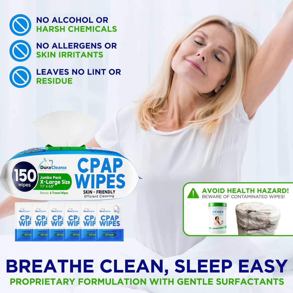 CPAP Mask Wipes - 150 Count Jumbo Pack + 6 Travel Sheets - Dura Cleanse Extra Large, Extra Moist Cleaning Wipes for Full Face, Nasal Masks Unscented Cleaner for CPAP Machine, Supplies and Accessories