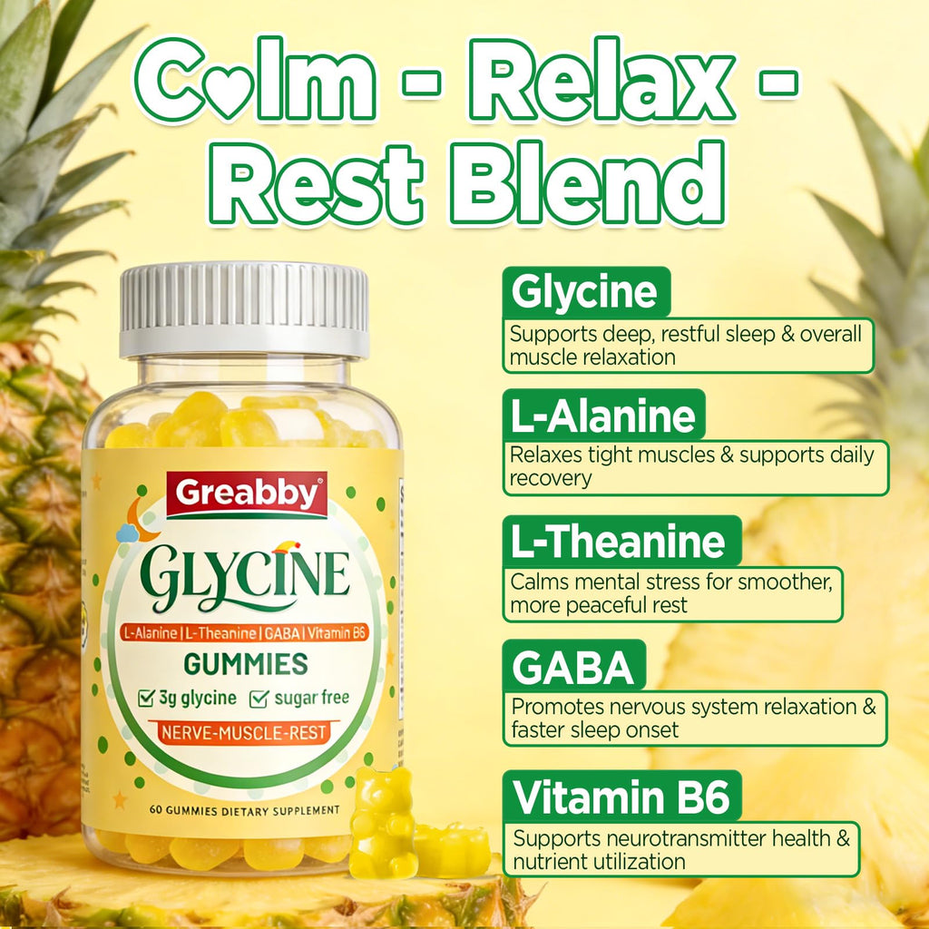 GREABBY Glycine 3g Gummies, with Alanine 1000 mg for Sleep Muscle Relaxation, L Theanine, GABA, Vitamin B6, Glycine Supplements for Adults Sleep, Sugar Free Pineapple Flavor, 60 Gummies