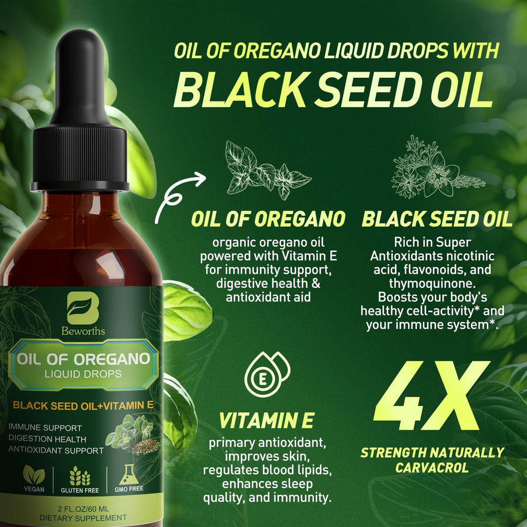 B BEWOTHS Organic Oregano Oil Drops | Oil of Oregano with Black Seed Oil, Vitamin E, 80% Carvacrol Oregano Drops for Immune, Antioxidant, Gut Detox Cleanser Support - Non-GMO, Vegan (240-day Supply)