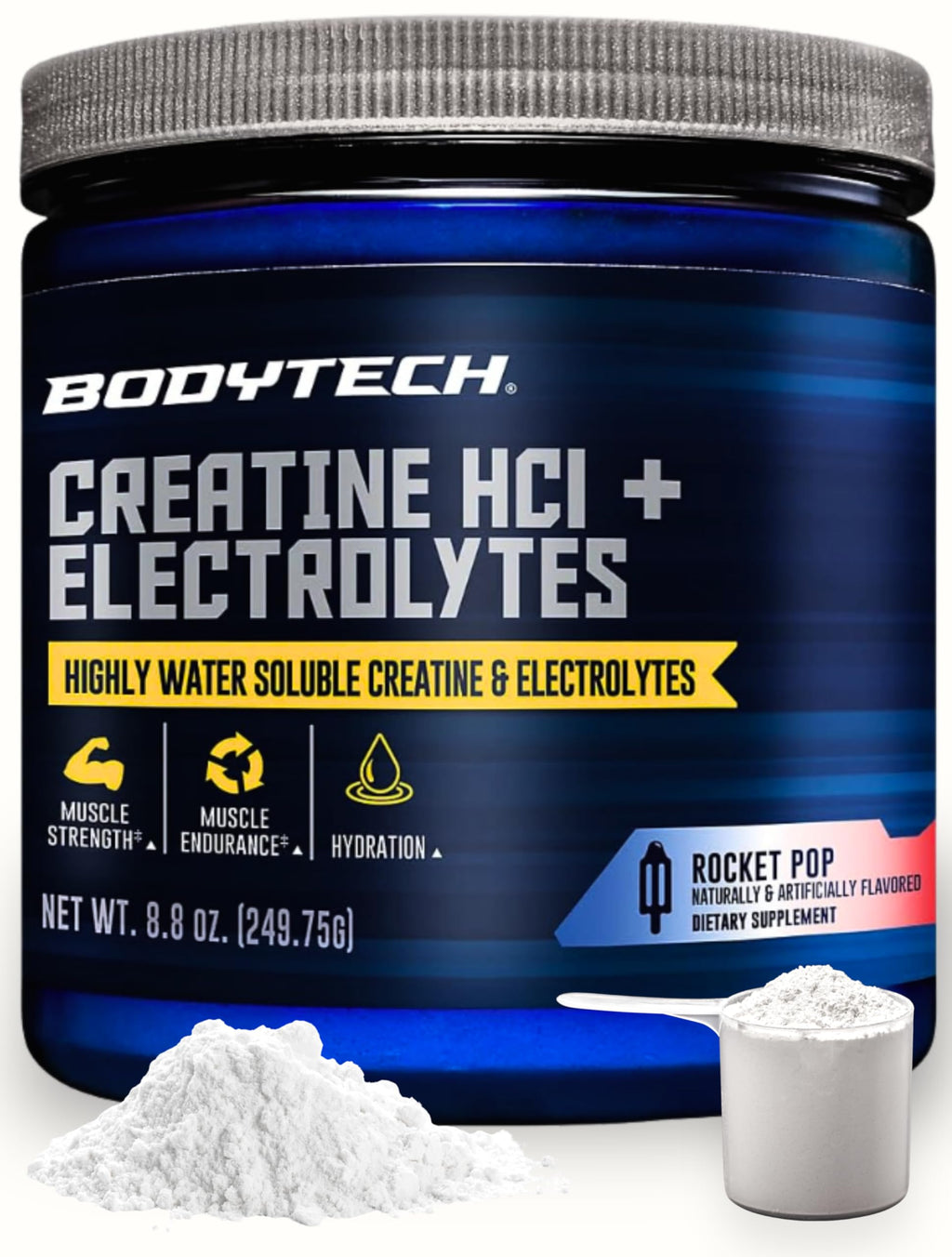 BodyTech Creatine HCl + Electrolytes Powder, Highly Water-Soluble Creatine with Electrolyte Minerals, Supports Hydration and Performance, Rocket Pop Flavor, 8.8 oz, 75 Servings