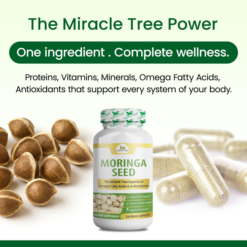 Organic Veda Moringa Seeds Capsules - Omega 3, 6, 9, Powerful Antioxidants, Vitamins, Amino Protein Rich Organic Moringa Seeds for Eating - Moringa Seed Powder Energy & Vitality, 120 Vegan Capsule
