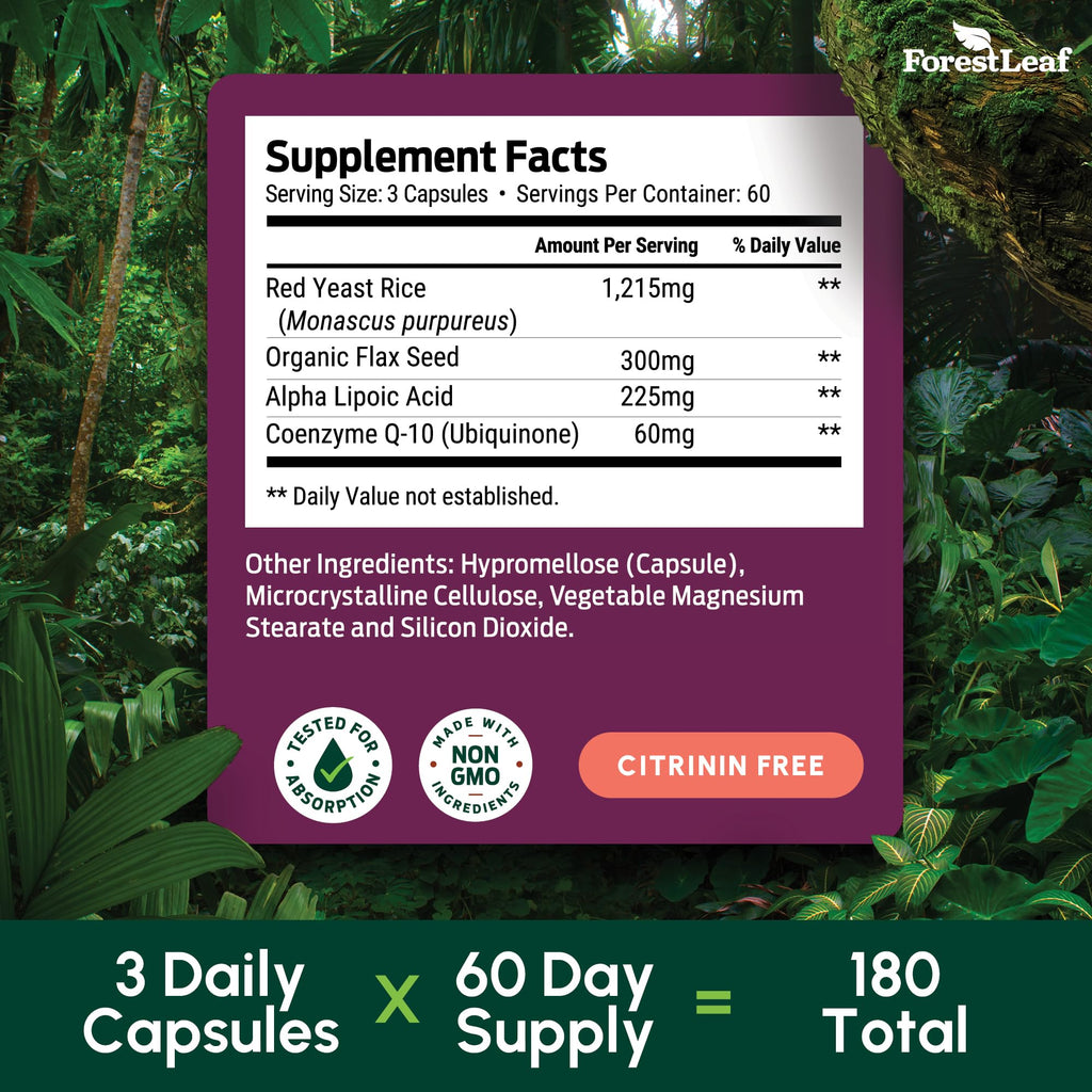ForestLeaf Red Yeast Rice with CoQ10 Supplement - 1215mg Extra Strength Red Yeast Rice Capsules with Alpha Lipoic Acid & Organic Flaxseed, Citrinin Free - 180 Capsules