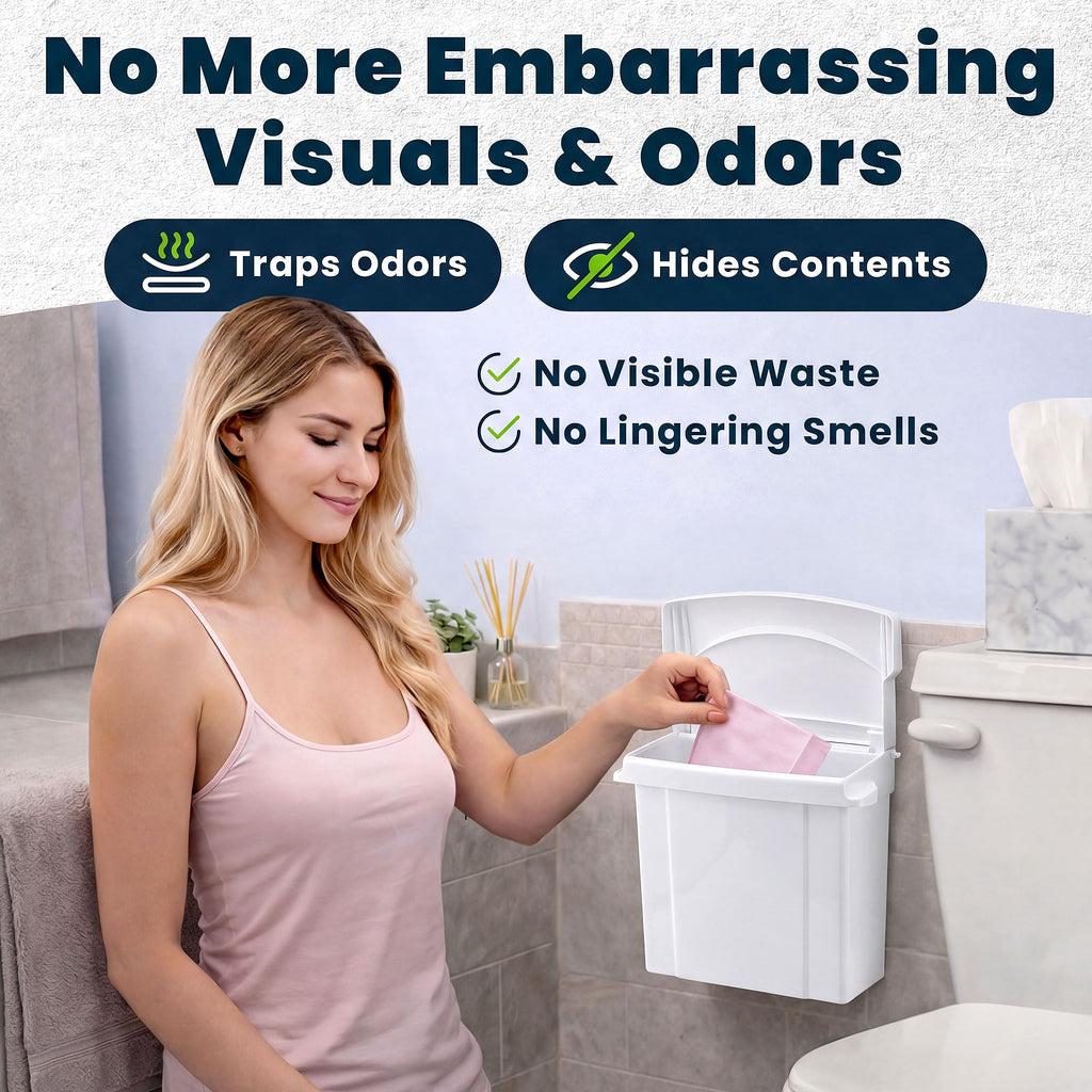 Alpine Sanitary Napkin Receptacle - Feminine Hygiene Disposal Container, Wall Mounted Trash Can with Odor Control Seal & Installation Hardware (White)