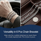 Mosflor 6 Pcs Silver Bracelets for Men, Cuban Link Chain Bracelet Stack Mens Stainless Steel Metal Rope Bracelet Set 8.3 Inches Mens Fashion Accessories Jewelry Non Tarnish for Men Dad Him Husband Son