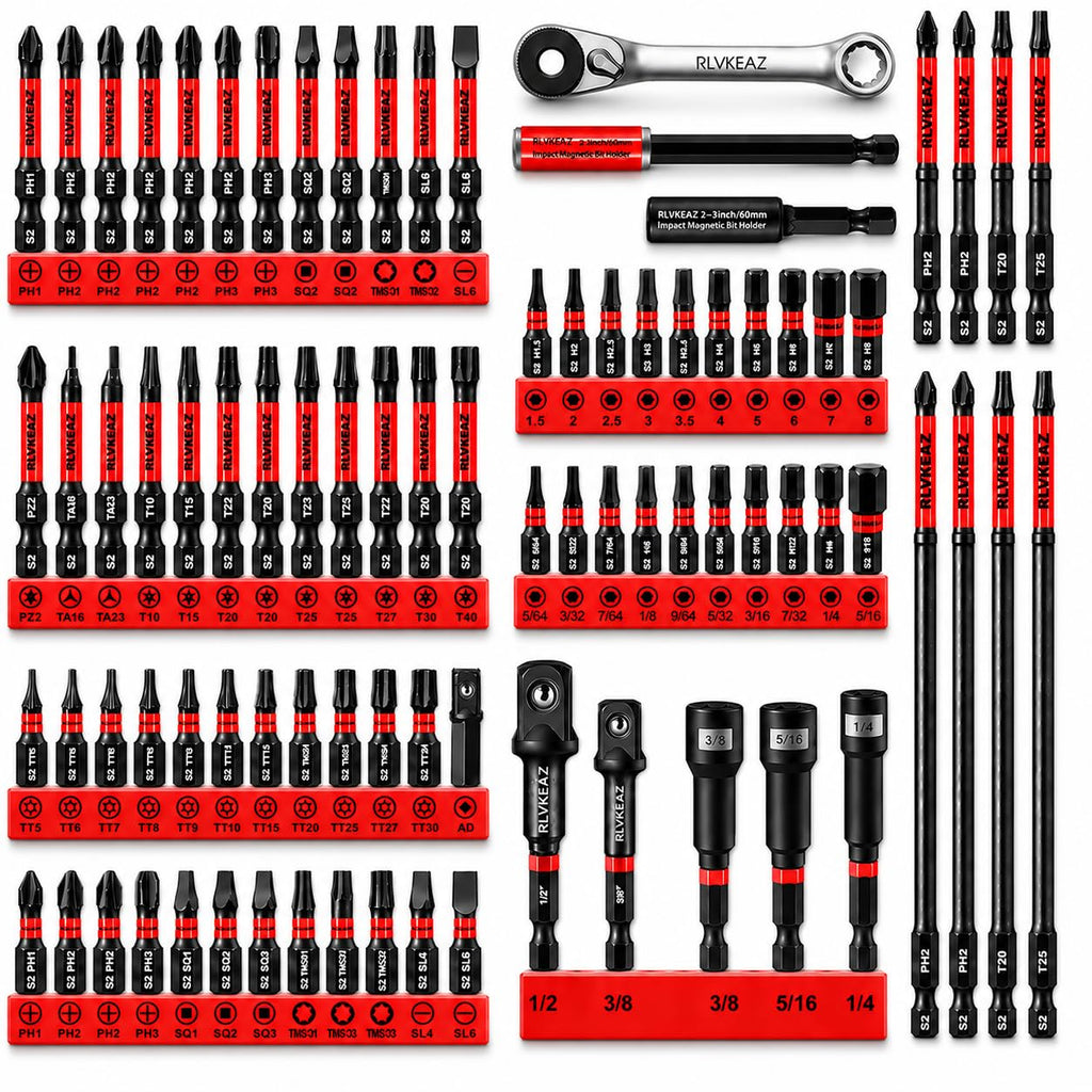 RLVKEAZ 88-Piece Impact Driver & Magnetic Screwdriver Bit Set, S2 Steel Security Torx Hex Phillips Square Triangle Slotted Bits, Mini Ratchet Wrench, Magnetic Bit Holders & Nut Driver, 1/4'' Hex Shank