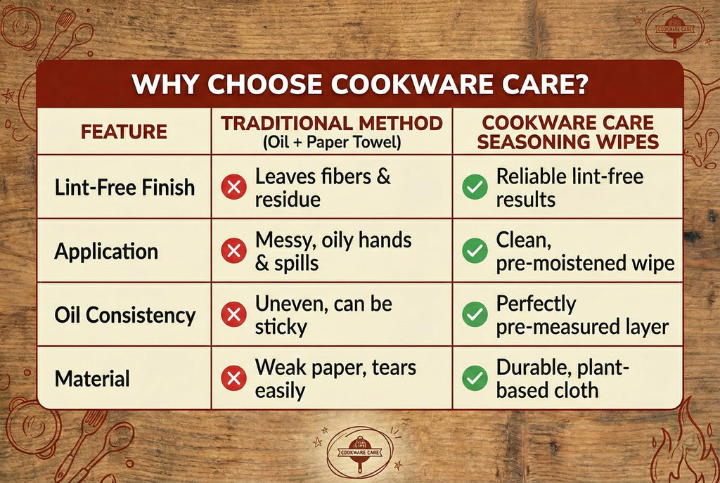 Cookware Care Cast Iron Seasoning Oil Wipes, 50 Wipes, Made in USA with Grapeseed Oil for Cast Iron Skillet, Blackstone Griddle (1 pack)