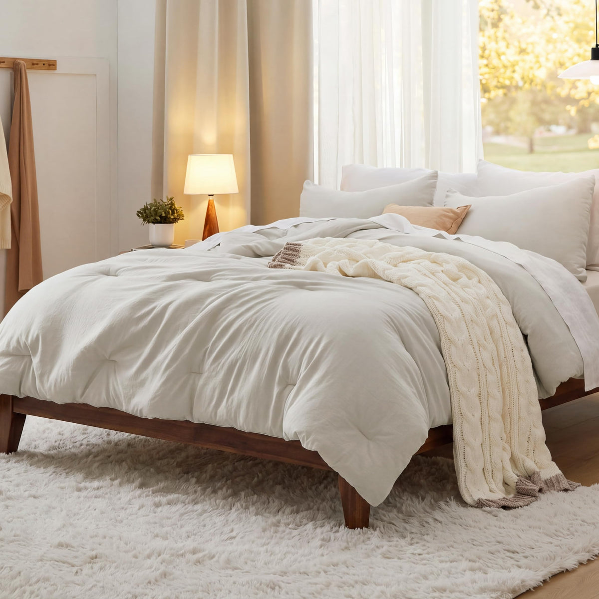 Bedsure Queen Comforter Set, Prewashed Bedding Beige