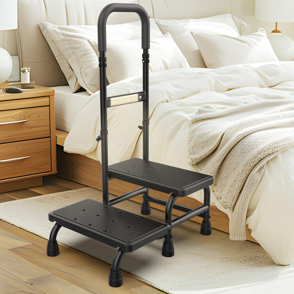 [2025 Upgrade] 2 Step Stool with Handle for Elderly with Sensor Night Light,Medical Heavy Duty Step Stool with Adjustable Handrail, Bedside Steps for People with Mobility Impairments,350lbs