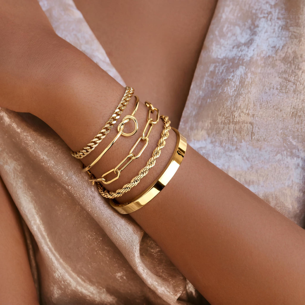 Gokeey Chunky Gold Bracelets for Women Bangle Cuff Cuban Bracelet Stack Set