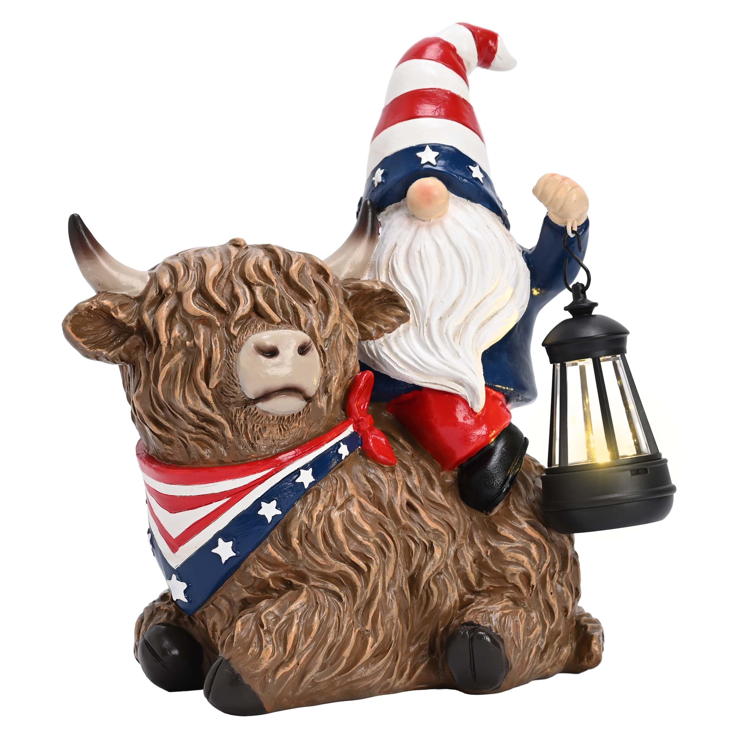 TERESA'S COLLECTIONS 4th of July Highland Cow Gnome Decorations with Solar Lantern, Memorial Day Resin Garden Yak Figurine for Home, Patriotic Independence Day USA 250th Anniversary Outdoor Decor 10"