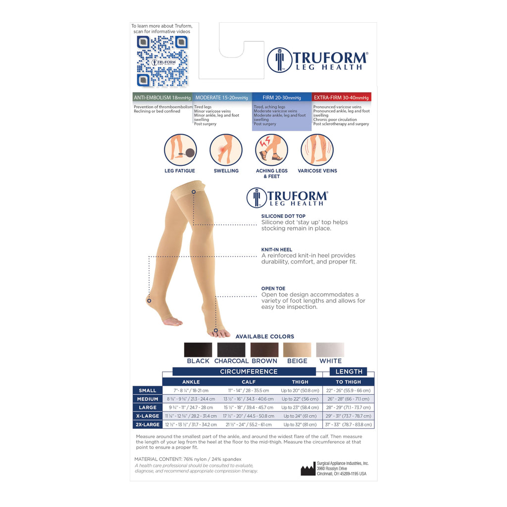 Truform 20-30 mmHg Compression Stockings for Men and Women, Thigh High Length, Dot-Top, Open Toe, Black, Large