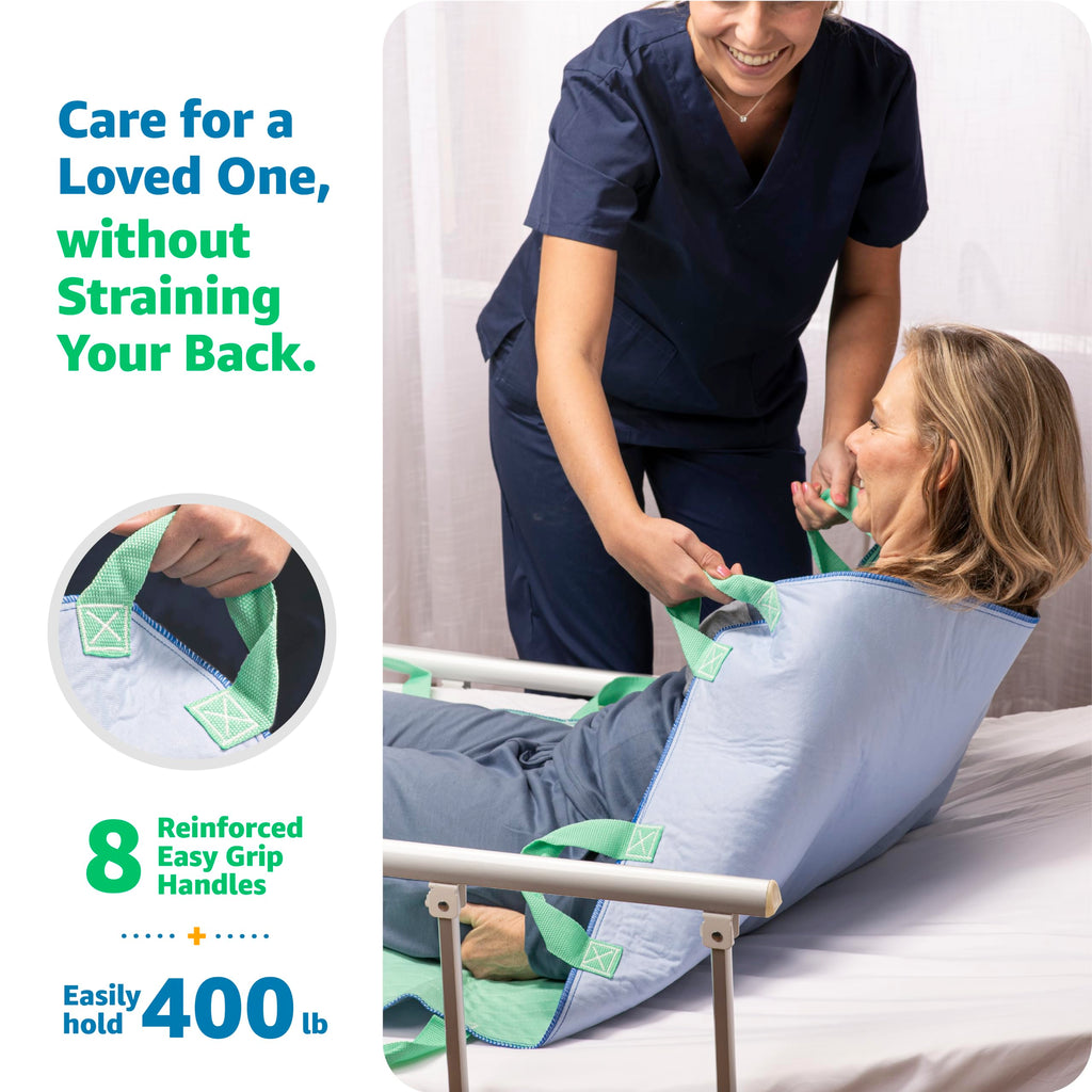 Improvia Positioning Bed Pad, with 8 Reinforced Handles, Quick-Drying, Washable, Waterproof, for Lifting, Turning, Transfering, Elderly and Incontinence Patients (Green, Pack of 2)