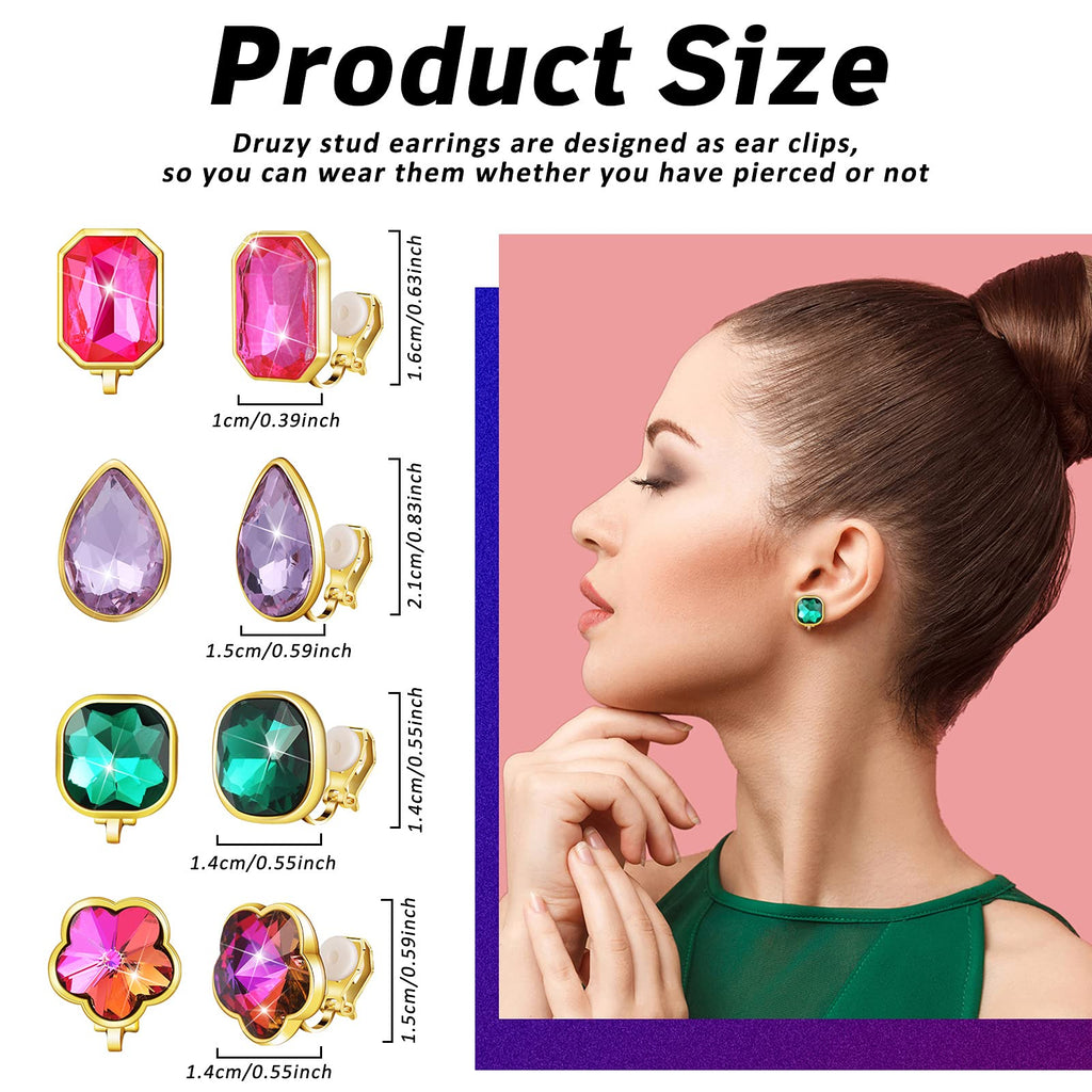 Hicarer 12 Pairs Clip on Earrings for Women Girls, Non-pierced Rhinestone Stud Earrings, Colorful Trendy Iridescent Fake Crystal Earring Clips Set for Birthday Party Wedding Daily Jewelry Gift