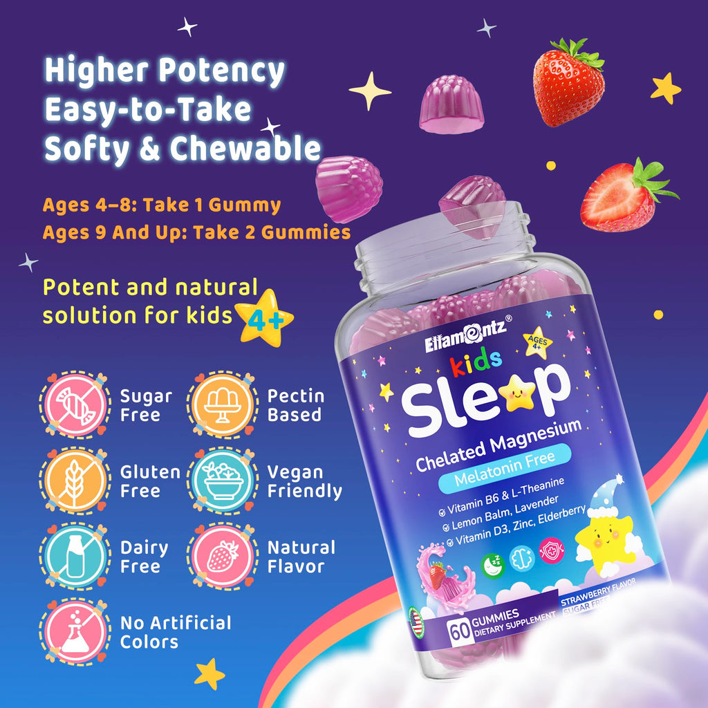 Kids Sleep Gummies, NO Melatonin Sleep Aid Gummies w/Magnesium Glycinate, Magnesium Malate, L-Theanine, Lavender, B6, Zinc, D3K2 for Restful Sleep, Relax Brain & Muscle, Immune Support, Non-GMO 2Pack