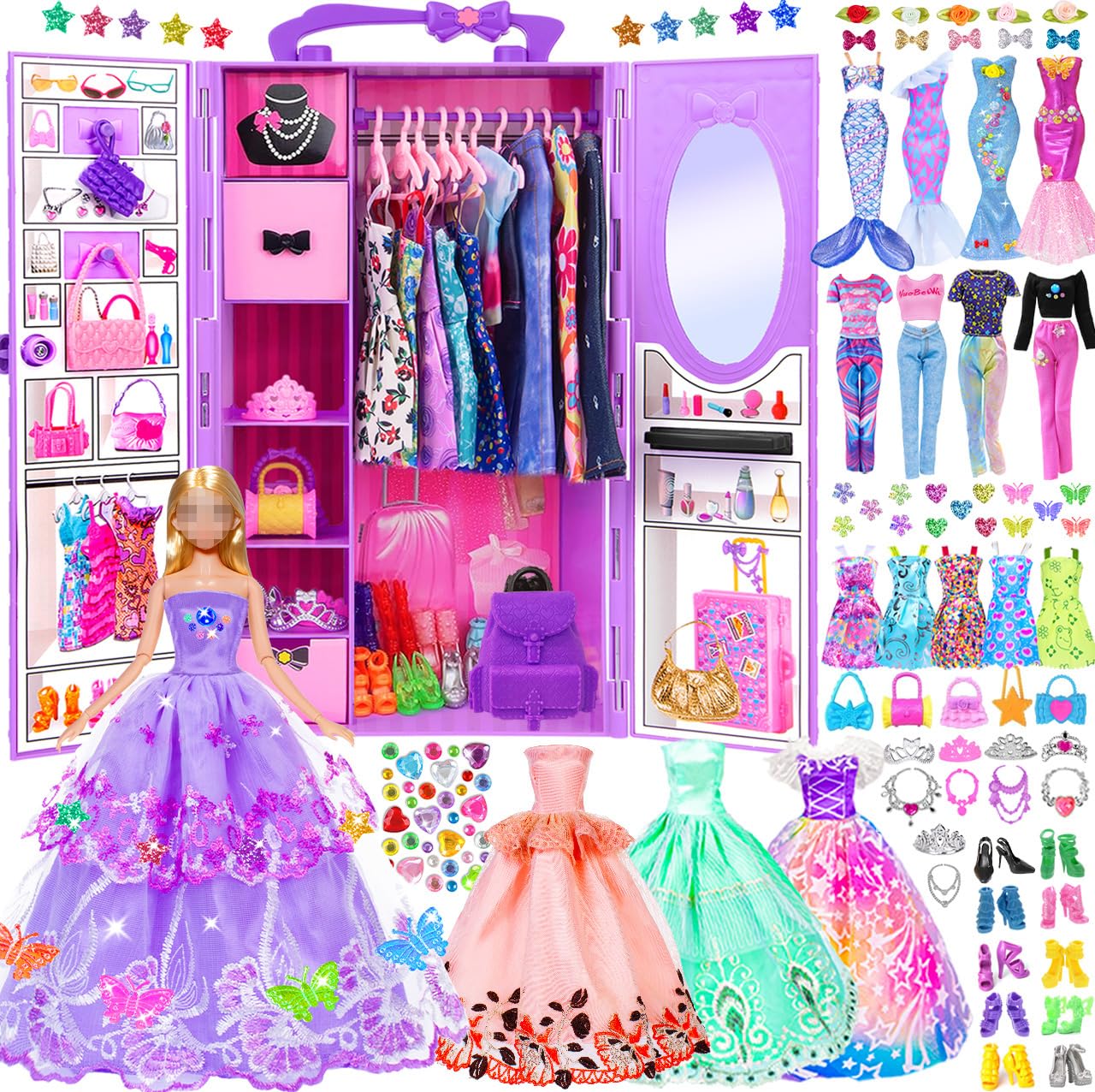 iBayda 92pcs 11.5 inch Girl Doll with Clothes Accessories and Closet Set Including Long Princess Dress Outfits Shoes Handbags Necklaces DIY Bead Stickers for Design Kit Girl Doll Dress Up