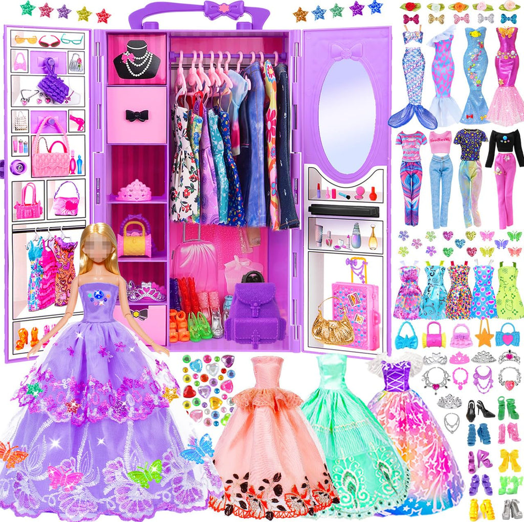 iBayda 92pcs 11.5 inch Girl Doll with Clothes Accessories and Closet Set Including Long Princess Dress Outfits Shoes Handbags Necklaces DIY Bead Stickers for Design Kit Girl Doll Dress Up