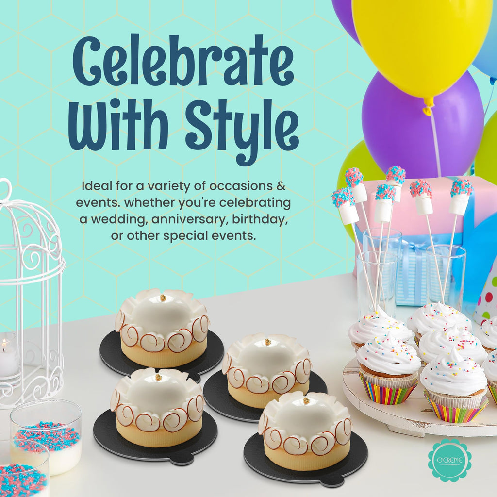 O'CREME Black Round Mini Cake Boards with Tab – 4 Inch Grease-Proof, Foil-Covered, Food Grade Cardboard for Cupcakes, Pastries, Desserts - Ideal for Wedding, Anniversary, Birthday Parties, 100 Count