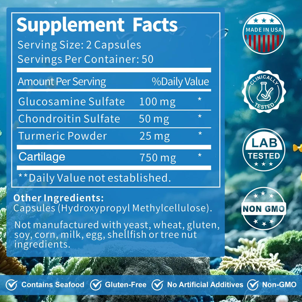 Euphea Cartilage, with Cartilage 750mg, Glucosamine & Collagen, Great for Seniors & Athletes, 100 Capsules