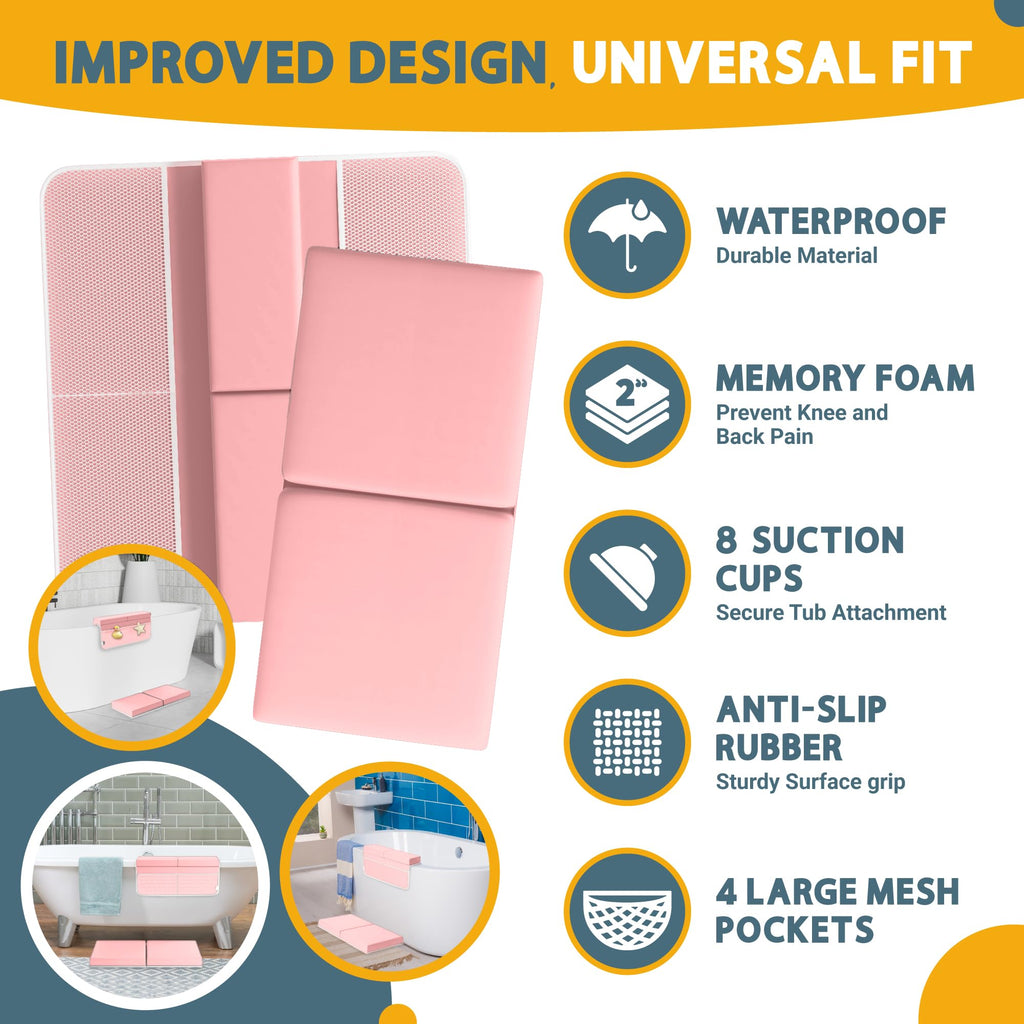 Memory Foam Bath Kneeler and Elbow Rest Pad Set, 2-Inch Thick, Water-Resistant Mat – Baby Bath Time Essentials Cushion and Bath Kneeling Pad for Bathing Baby with Bathtub Toy Organizer (Pink)