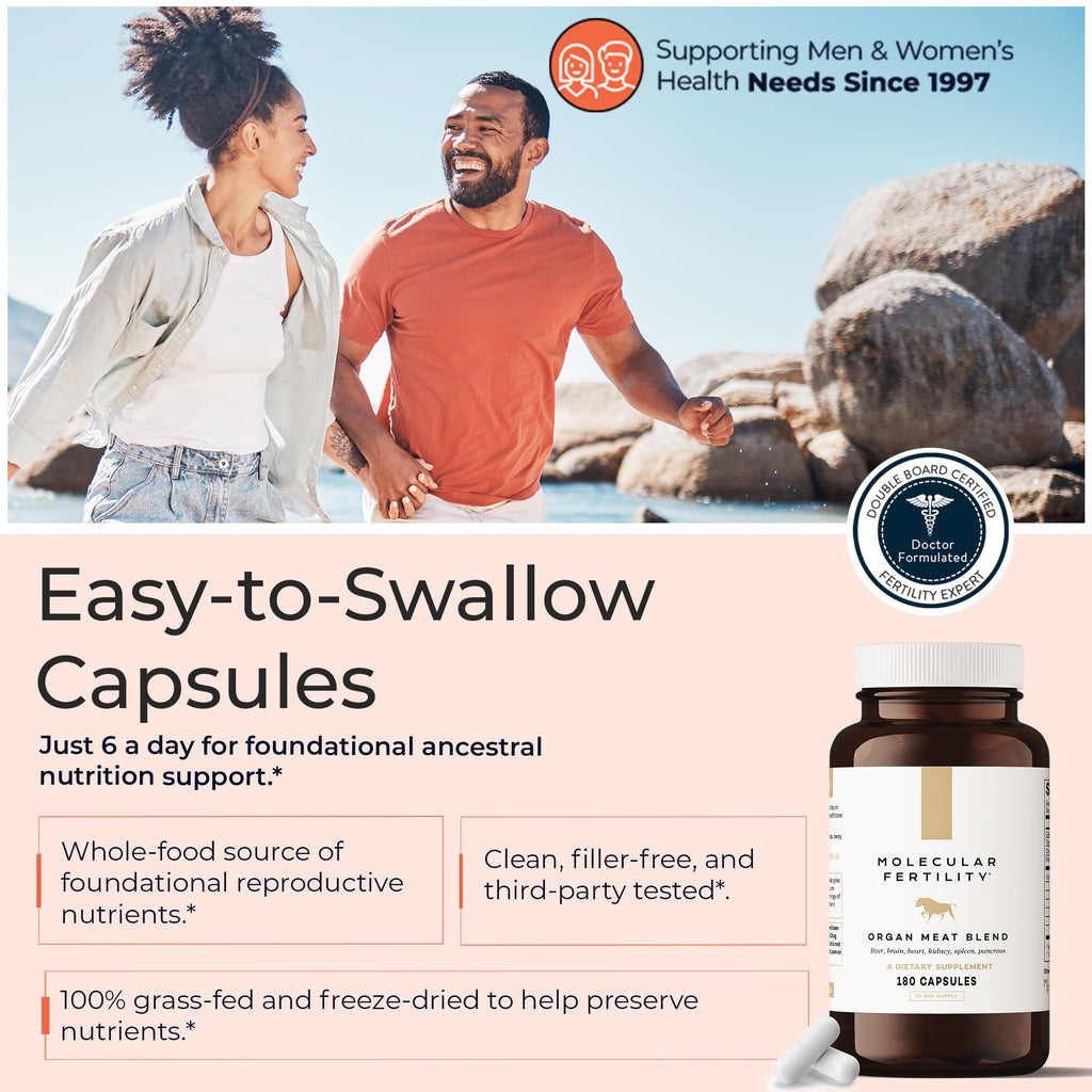 Molecular Fertility Beef Organ Complex - Pasture-Raised, Grass Fed Beef Liver, Brain, Heart, Spleen, Pancreas Blend, Healthy Hormone Balance and Fertility Supplement for Women and Men, 180 Capsules