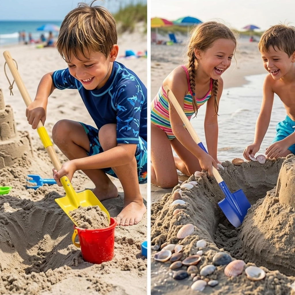 6 Pack Detachable Beach Shovel Set,28in Wood Handle Metal Spade Shovels with 2 Water Buckets & Storage Bags for Kids Digging Sand Snow,Gardening Tools (Blue&Yellow