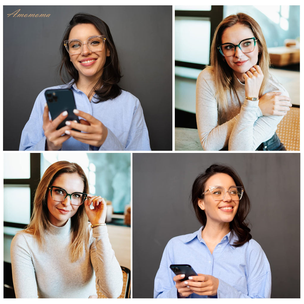 AMOMOMA 2PACK Trendy Square Blue Light Blocking Reading Glasses for Women Women's Readers Spring Hinge AM6082 C1+C2 2.0 x