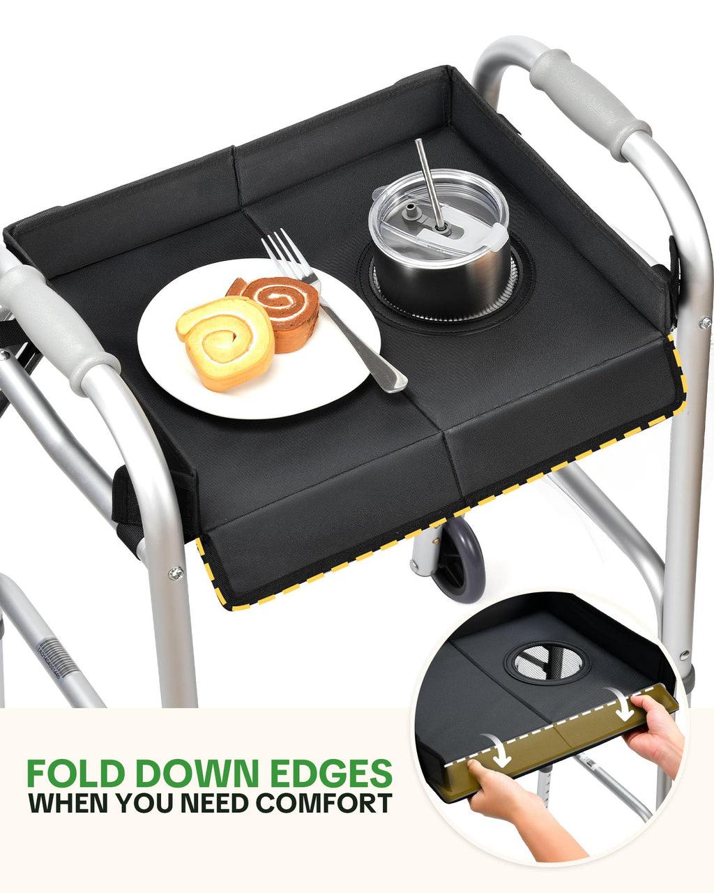 FANGSUN Walker Tray for Folding Walker 2.0 – Upgraded Detachable Tray for Walkers with Extended Straps & Cup Holder, Fits Rolling Walkers with Side Bars, Mobility Accessory for Seniors