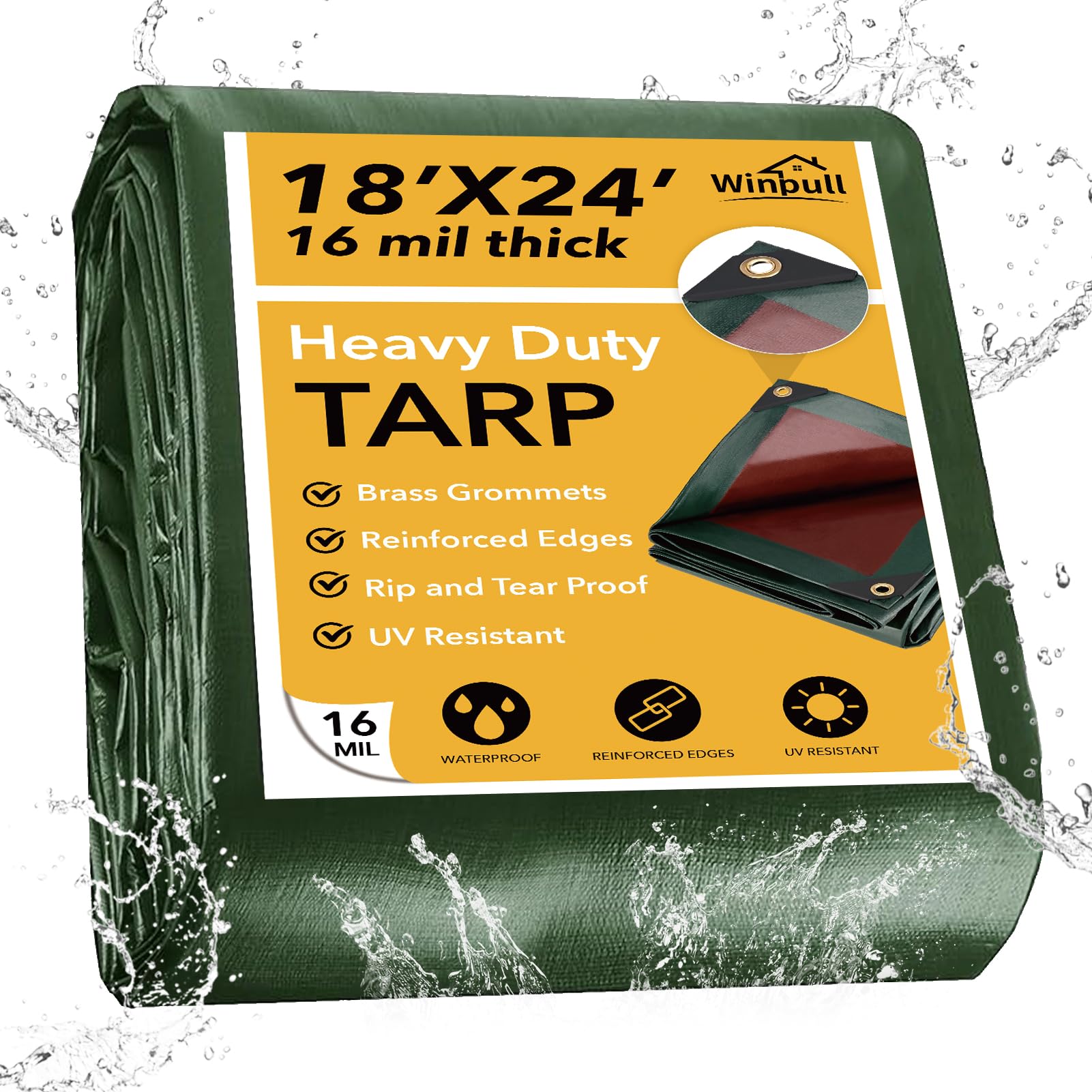 Winpull Tarp 18x24FT, 16 Mil Heavy Duty Waterproof Tarp, Large Multipurpose Cover with Brass Grommets and Reinforced Edges, UV Resistant Thick Poly Tarps for Pool Car Tent Green