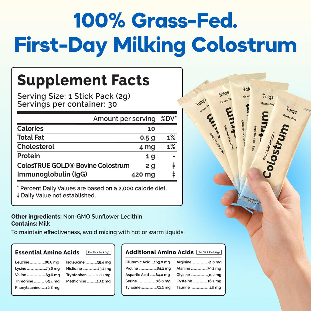 Folqs Bovine Colostrum Powder - First-Day Milking for Immune and Gut Support - 30 Servings - Supports Skin, Tissue Health - Made in USA - Amino Acids, Vitamins, Minerals - Kosher - Sustainably Sourced