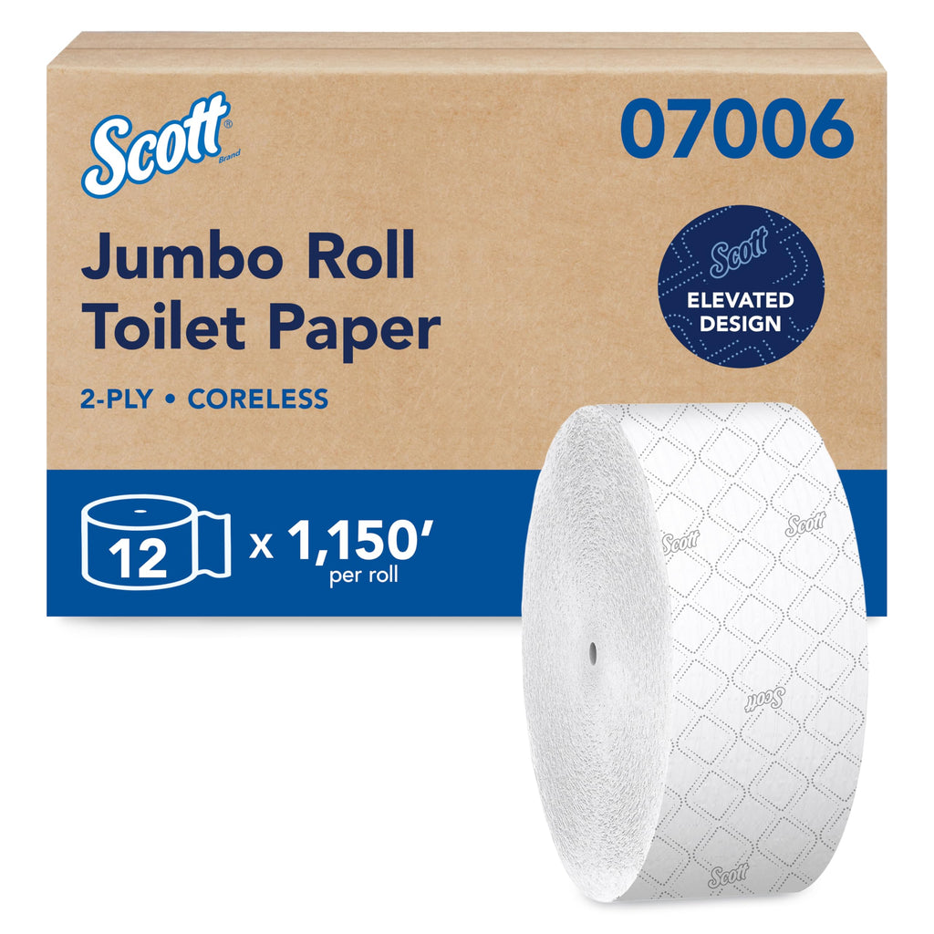 Scott Professional Coreless High-Capacity Jumbo Roll Toilet Paper, Bulk (07006), 2-Ply, Elevated Design, Septic Safe, White (12 Rolls at 1,150' Each, 13,800'/Case)
