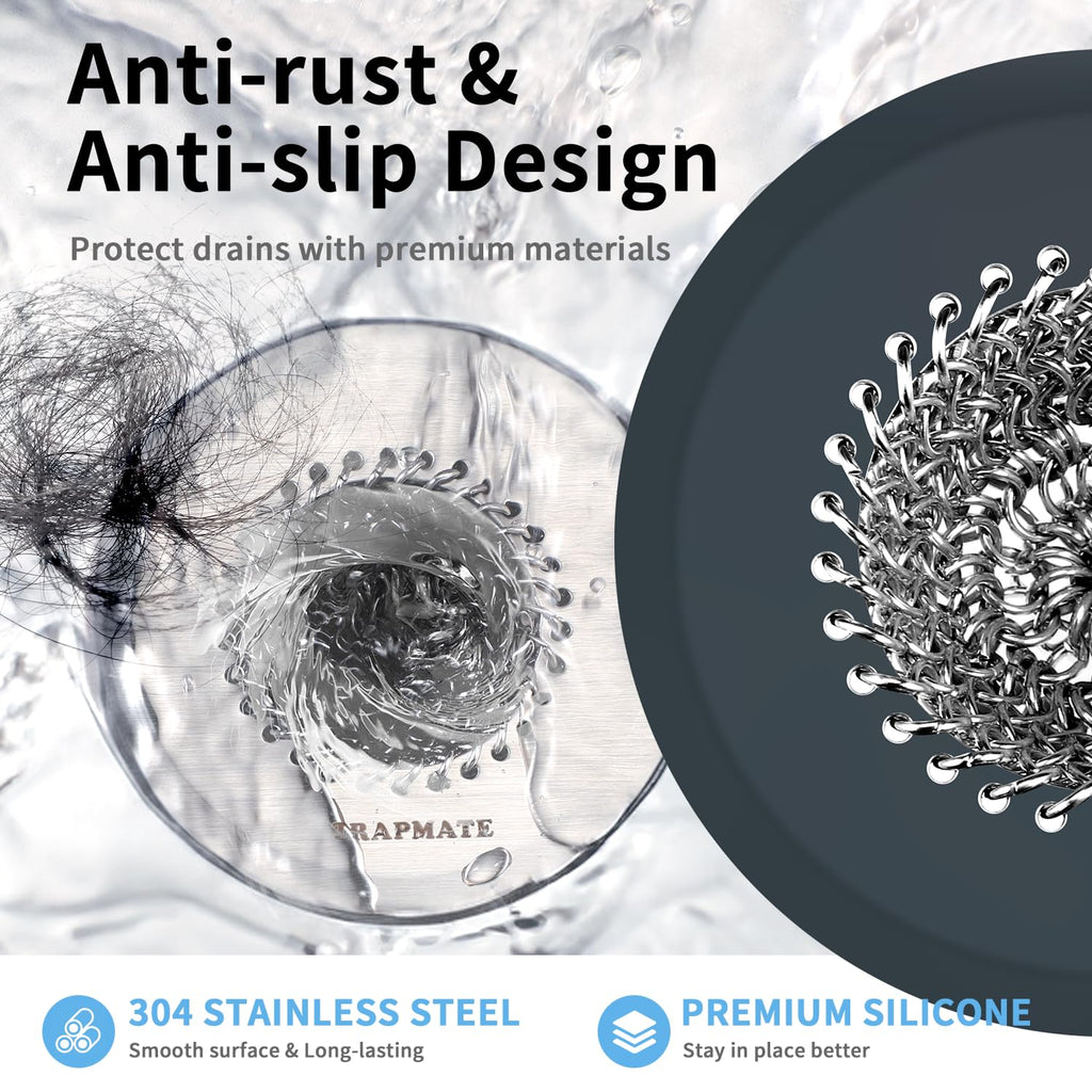 TRAPMATE Shower Drain Hair Catcher, 2.8" Fast Drainage Bathtub Stopper Drain Strainer Kit, Stainless Steel Shower Drain Cover, Bathtub Drain Protector for Sinks & Tubs (Patented Product)