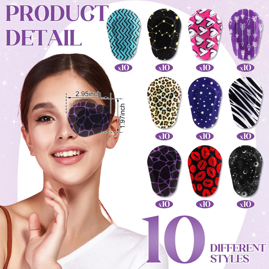 Threlaco 100 Pcs Eye Patches for Adults with 10 Styles 3 x 2 Inch Adhesive Disposable Eye Patch Designs for Women Men Lazy Eyeball Latex Free