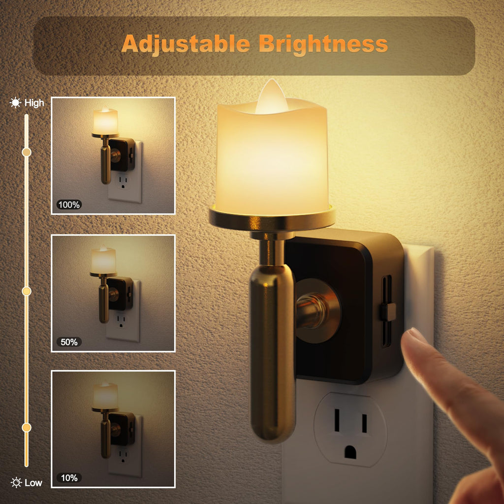 JandCase Candle Night Light, Night Lights Plug into Wall, 3000K Soft White, 0-100LM Adjustable Brightness, Dusk to Dawn Sensor NIghtlight for Dinning Room, Living Room, Bathroom, Hallway