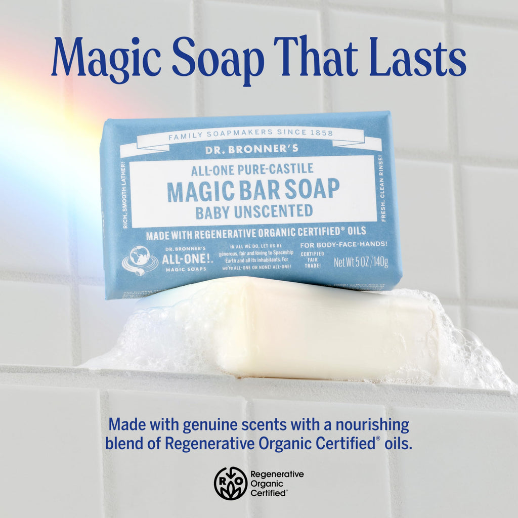 Dr. Bronner's Pure-Castile Bar Soap, Baby Unscented, 5 oz, 6-Pack