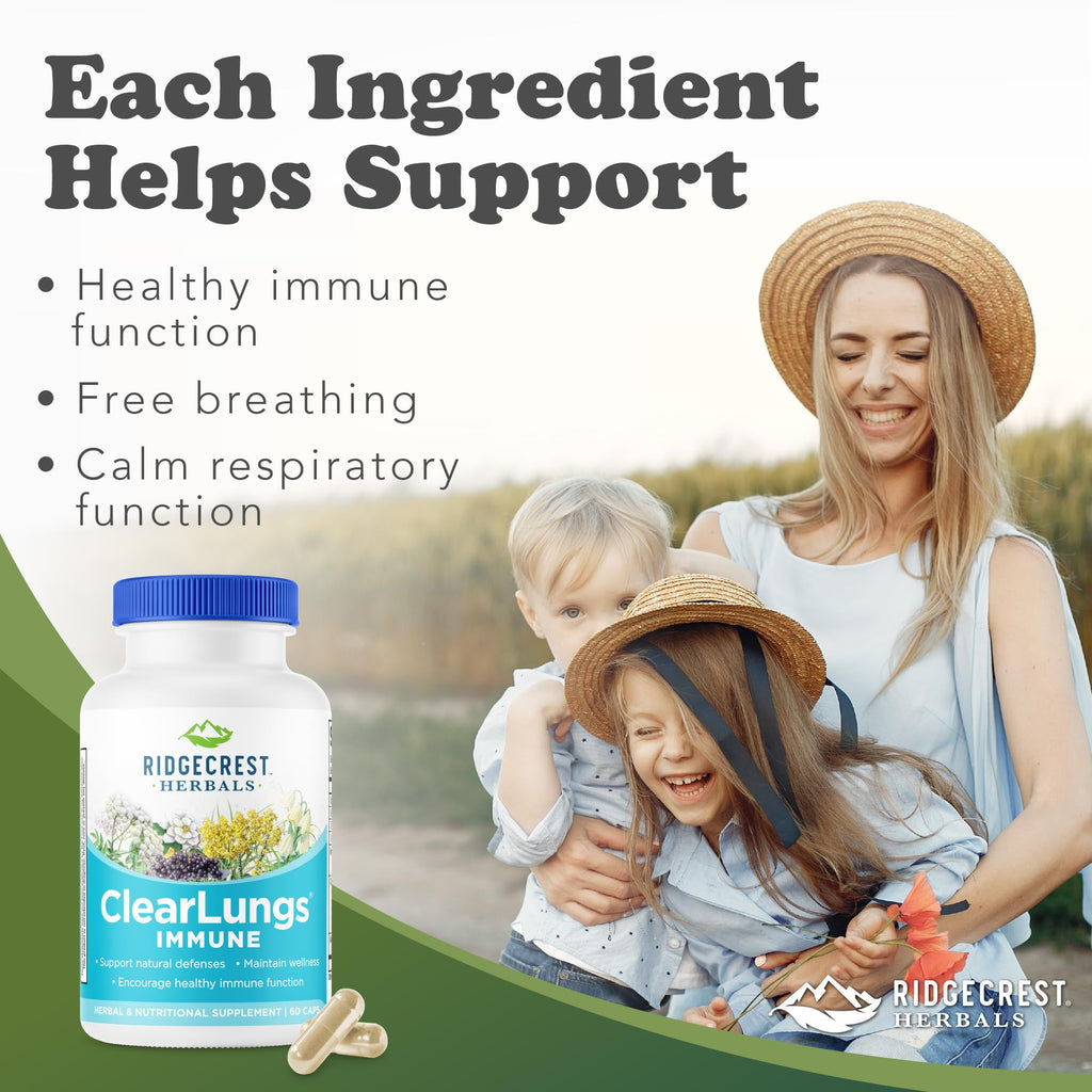RidgeCrest Herbals ClearLungs Immune, Lung Support Supplement with Elderberry, Zinc, Vitamin C, Vitamin A, Olive Leaf, Mullein, Lung Wellness Formula for Respiratory Health (60 Vegan Caps, 30 Serv)