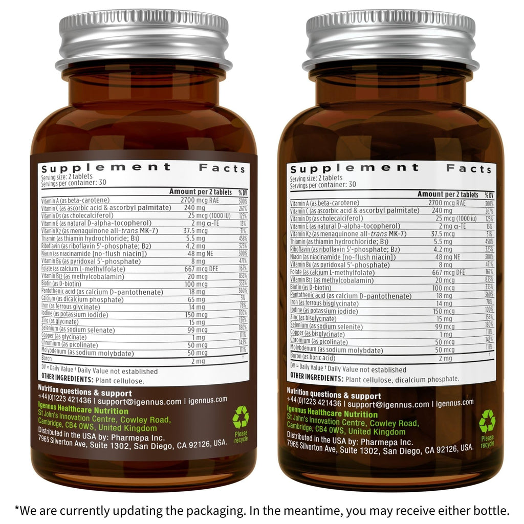 Igennus High Potency Methylated Multivitamin for Women with Gentle Iron, 5-MTHF Folate & Methylcobalamin B12, Pure & Clean, Sustained Release, Active B-Complex & K2 MK-7, Non-GMO, 60 Vegan Tablets