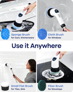 Cleanninja Electric Spin Scrubber for Cleaning, Adjustable Shower Brush with 7 Replaceable Heads & Power LED Display, 2 Speed Waterproof Cordless Shower Scrubber for Bathtub, Kitchen, Car, White