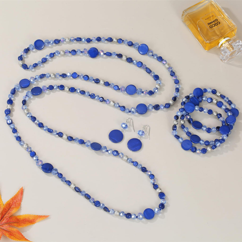 Xalroco Trendy Infinity Wrap 60’’ Long Statement Necklace, Earrings and Bracelet Set - Hand Knotted Versatile Strand Necklace and Bracelet - 3 Pcs Jewelry Set Gift for Women (Navy Blue)
