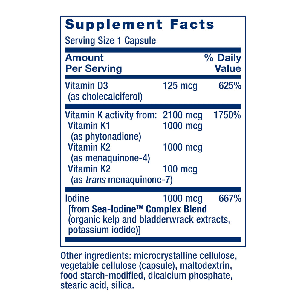 Life Extension Vitamins D and K with Sea-Iodine, Vitamin D3, Vitamin K1 and K2, Iodine, Supports Immune, Bone, arterial and Thyroid Health, Non-GMO, Gluten-Free, 60 Capsules