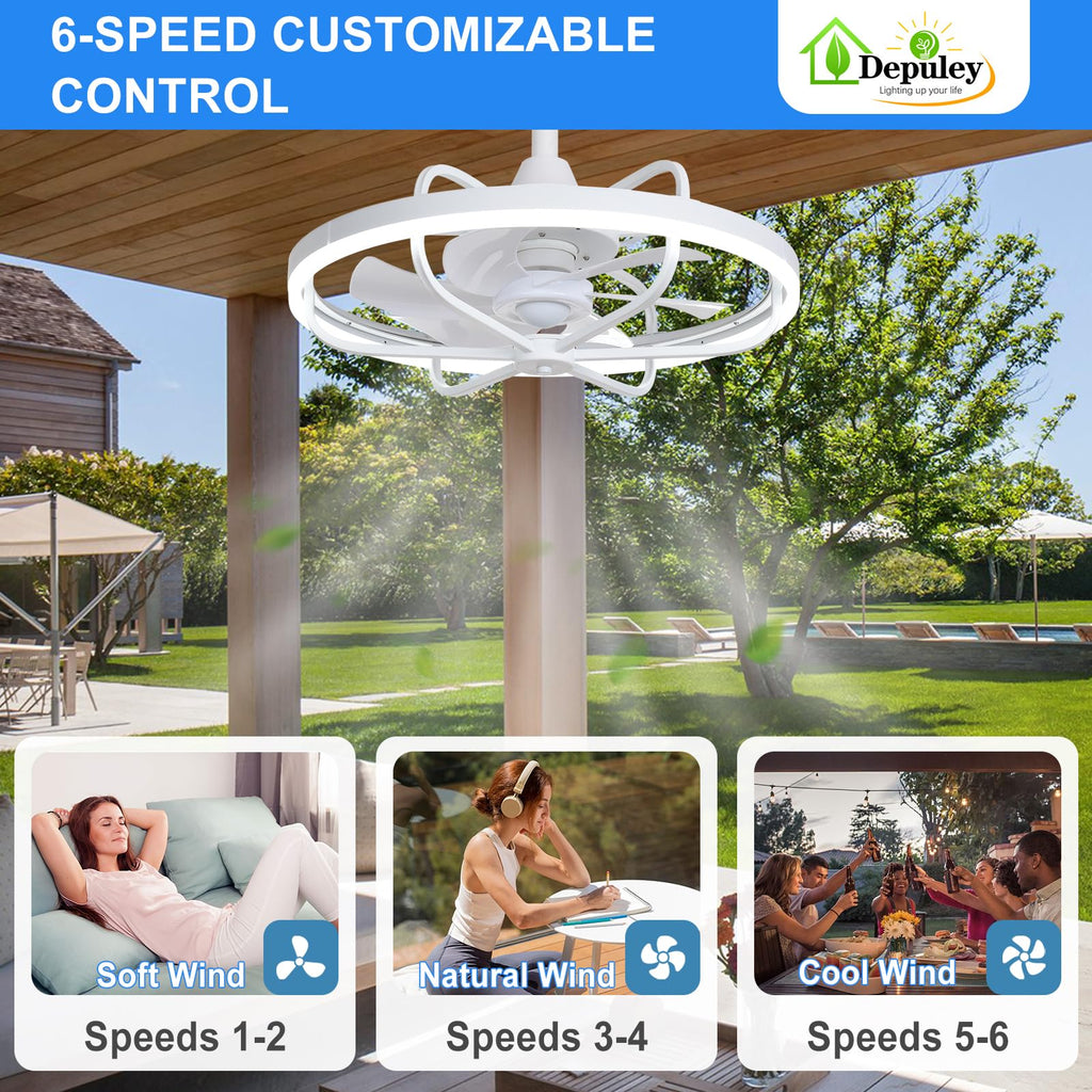 Depuley 20" Outdoor Ceiling Fan with Lights, White Waterproof Gazebo Hanging Fan with Remote App Control, Dimmable Plug in Caged outdoor Ceiling Fans for patios Porch 6-Speeds