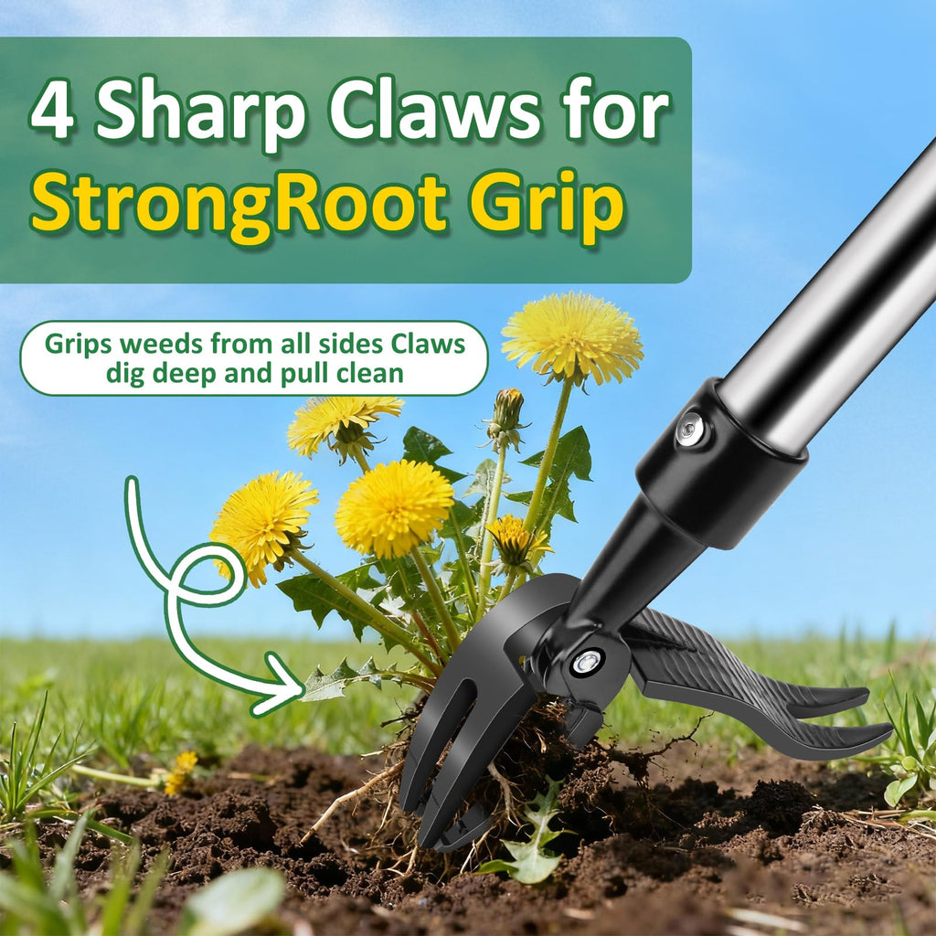 Hivenlly Weed Puller Tool, Stand Up Weed Remover Tool with Long Handle, 4 Claw Steel Head Weeder Tool with 4-Sectioal Pole Design, Garden Hand Weeding Tool, Smoothly Remove Weeds Without Kneeling