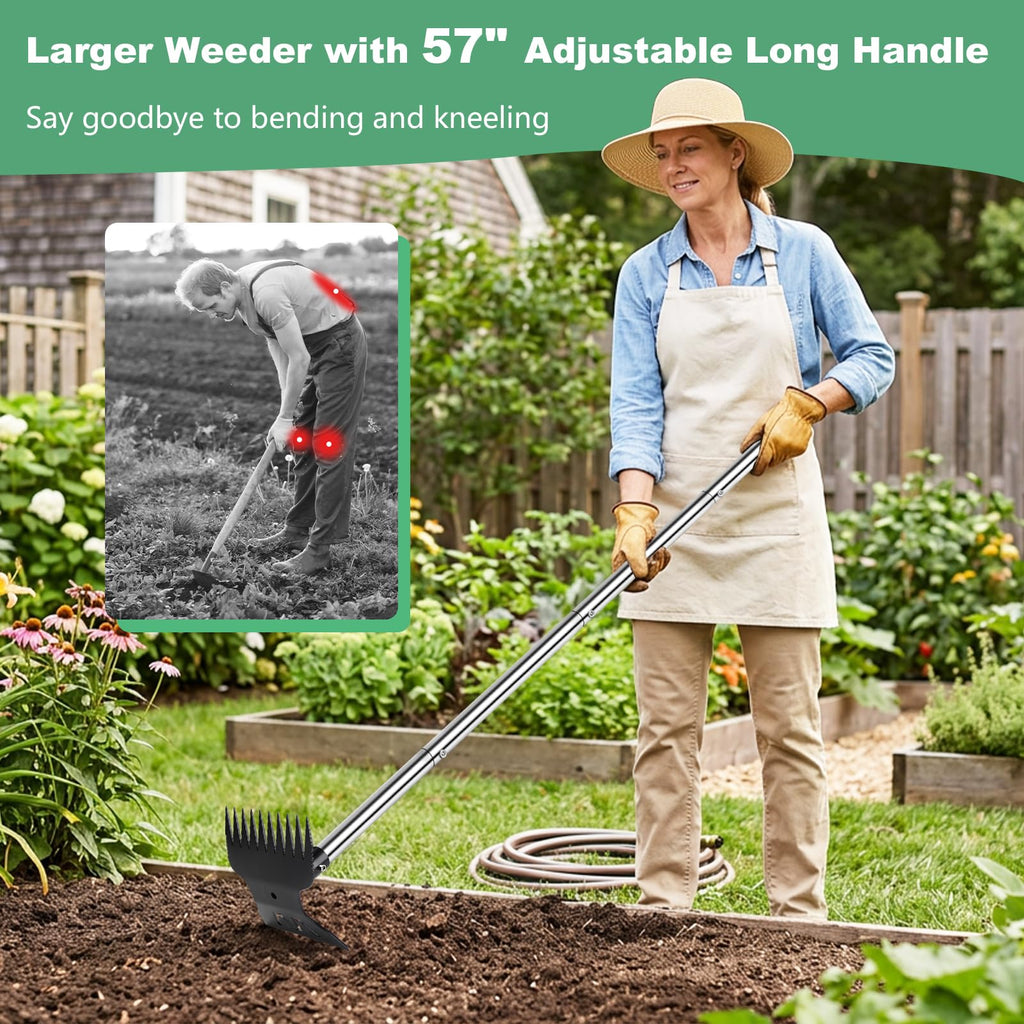 Larger Weed Puller Tool with Long Handle, 2-in-1 Heavy Duty Weed Rake & Hoe