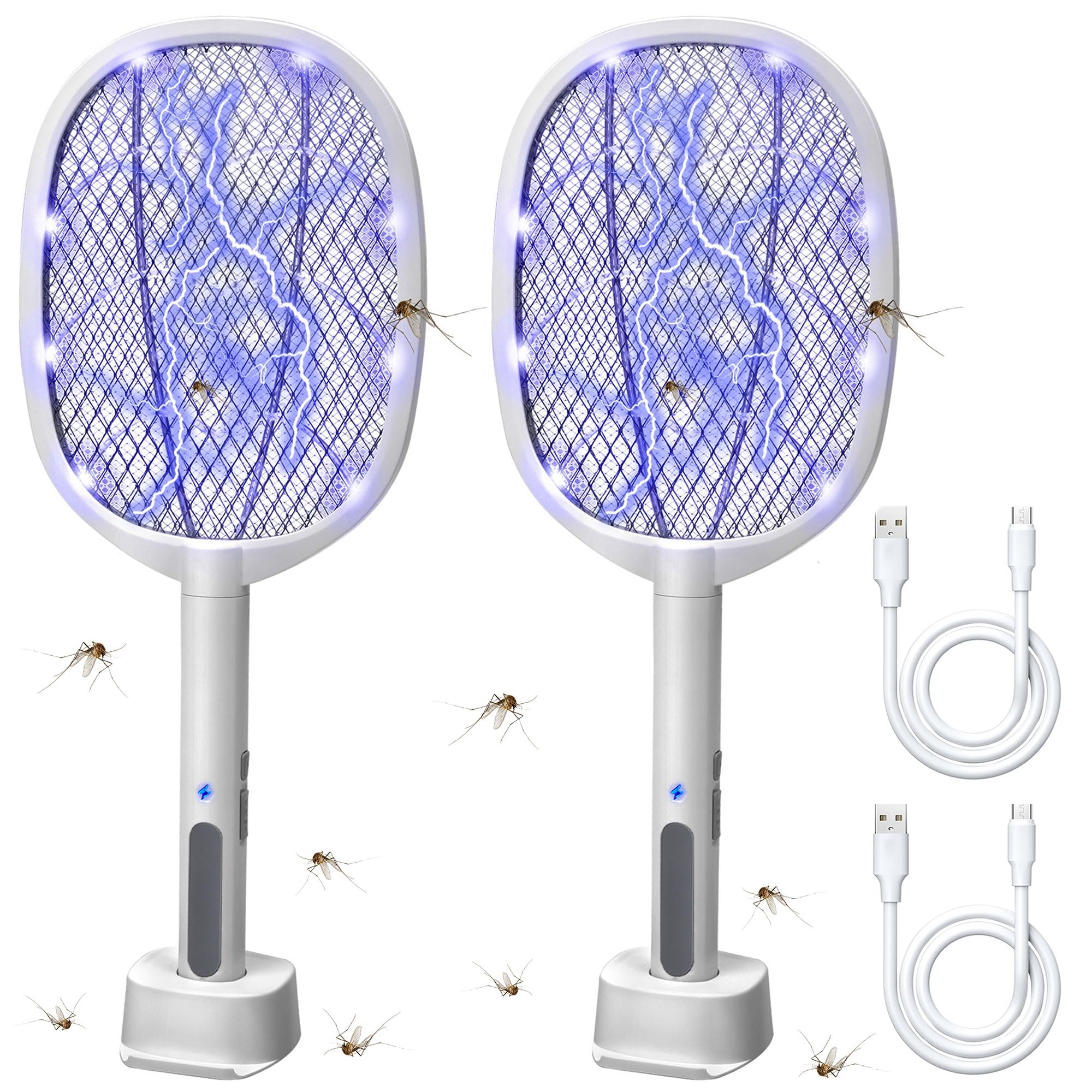 Lulu Home 2-in-1 Electric Bug Zapper Racket, 2 Pack 4000V High Voltage LED Lighted Handheld Mosquito Swatter with 3 Layer Safety Mesh, USB Charging Portable Fly Killer Racquet
