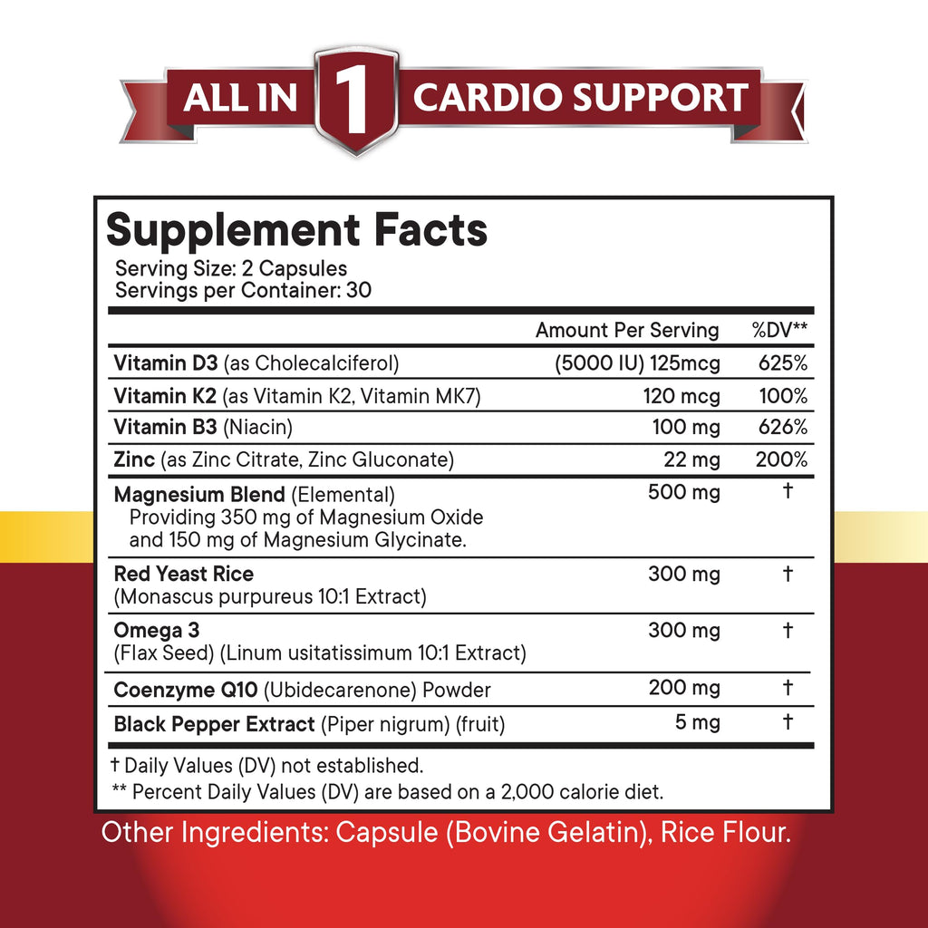 NEW AGE COQ10 200mg Red Yeast Rice Omega 3-6-9 Magnesium Complex Zinc Vitamin K2 D3 - Support Vitamins for Women and Men with Vitamin B3, Coenzyme Q10-180 Count